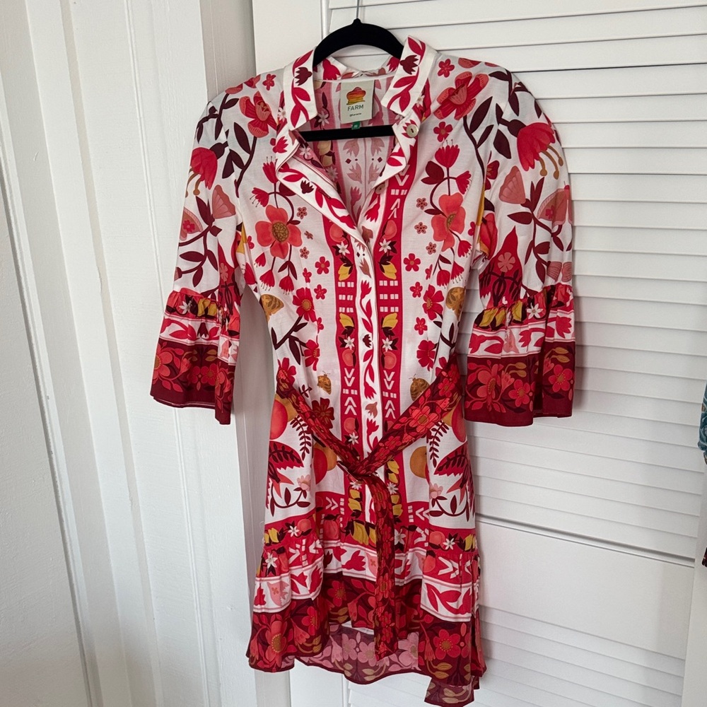 FARM Rio Red and White Floral Long Sleeve Dress